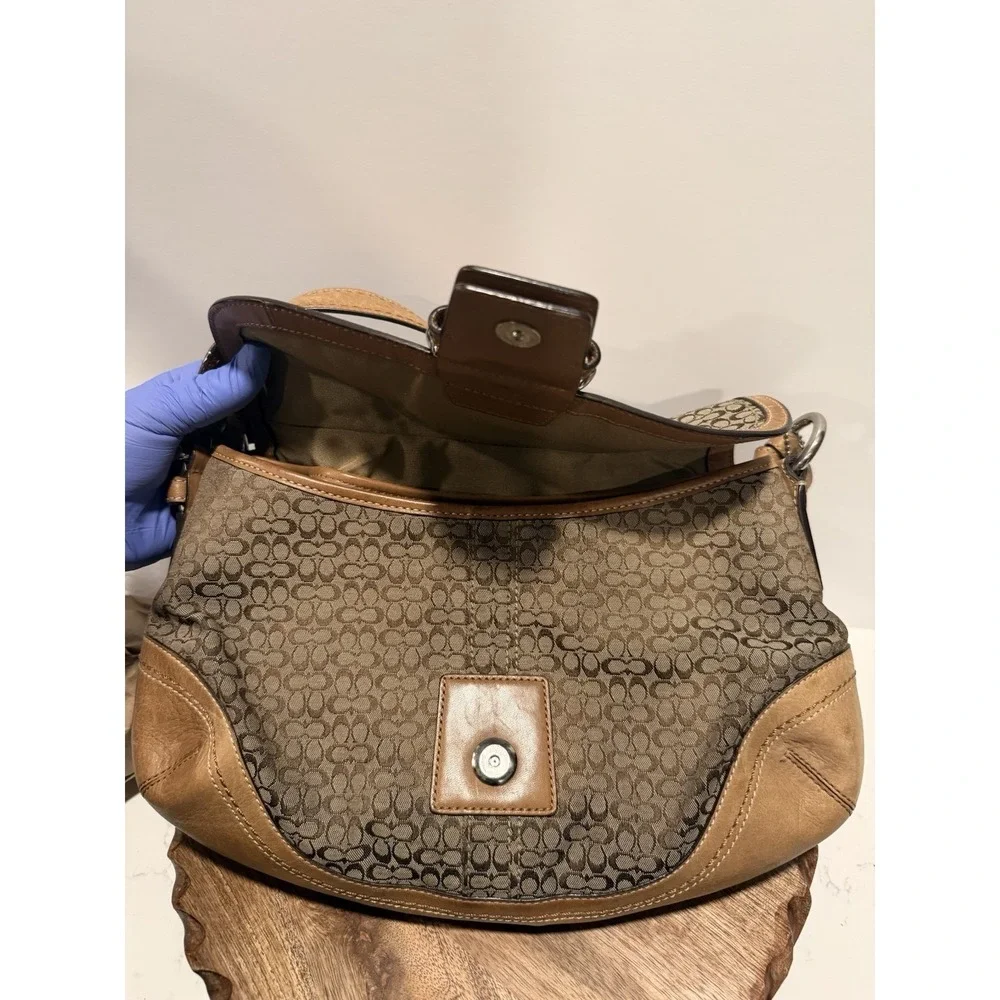 Coach Soho Flap Shoulder Bag Womens Small Brown Tan Mini Signature Canvas Buckle